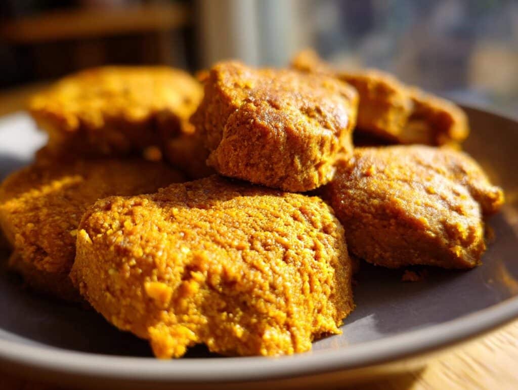 A close-up of homemade 2-Ingredient Pumpkin Dog Treats on a plate, ready to be served to your furry friend.