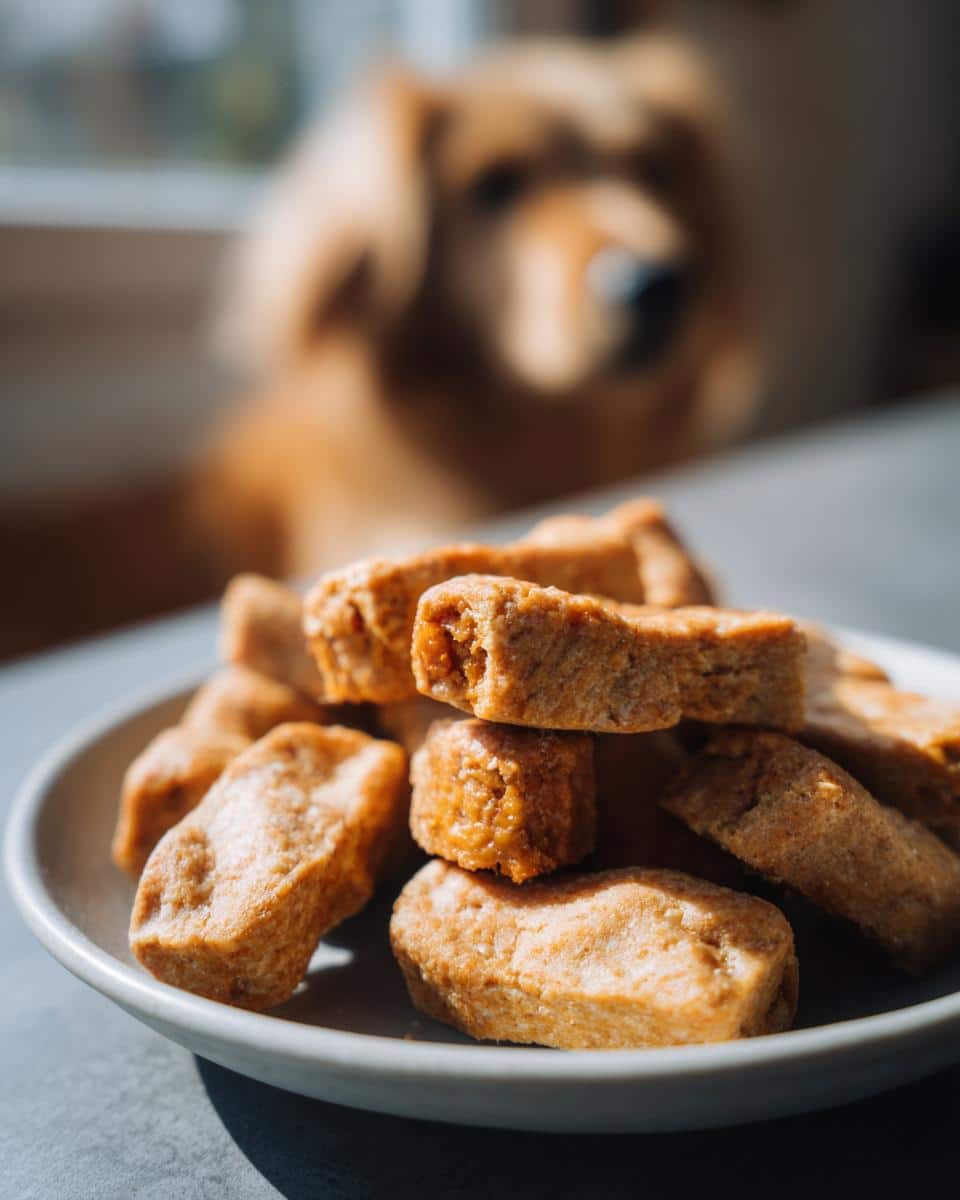A plate of homemade 2-Ingredient Pumpkin Dog Treats, with a golden retriever dog in the background.