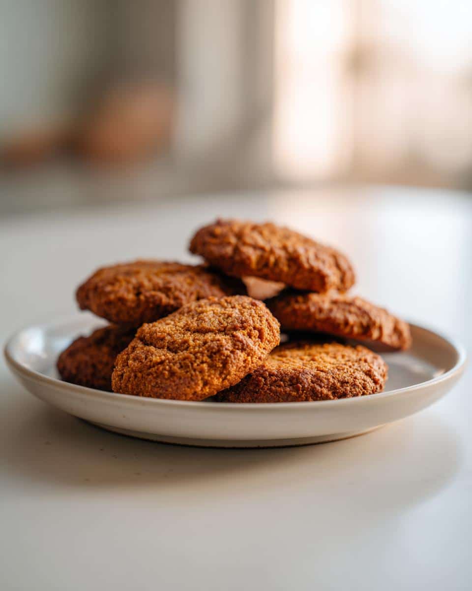 A stack of freshly baked 3-Ingredient Sweet Potato Dog Cookies on a white plate.