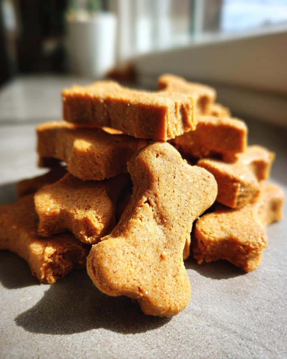 A stack of homemade bone-shaped Apple and Banana Dog Treats. Perfect for your furry friend!