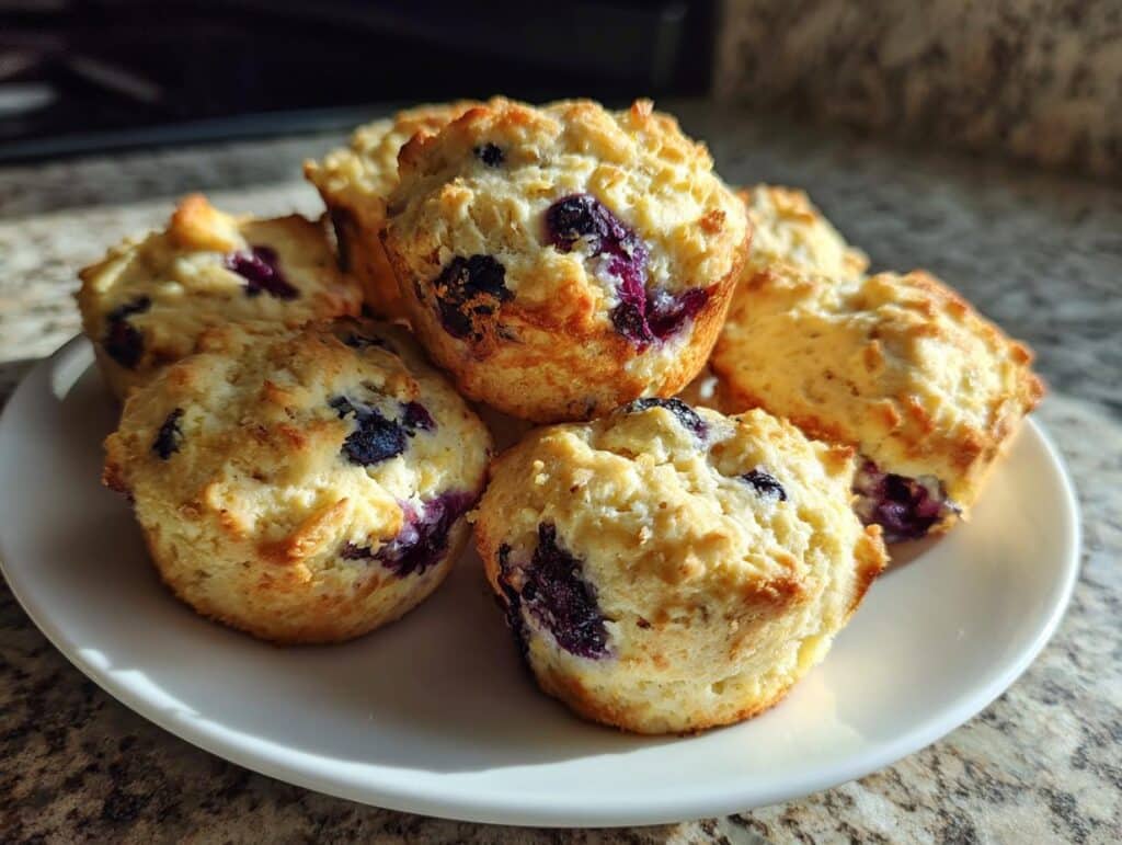 A plate of freshly baked Apple Blueberry Dog Bites. Golden brown, muffin-shaped treats with visible blueberries.