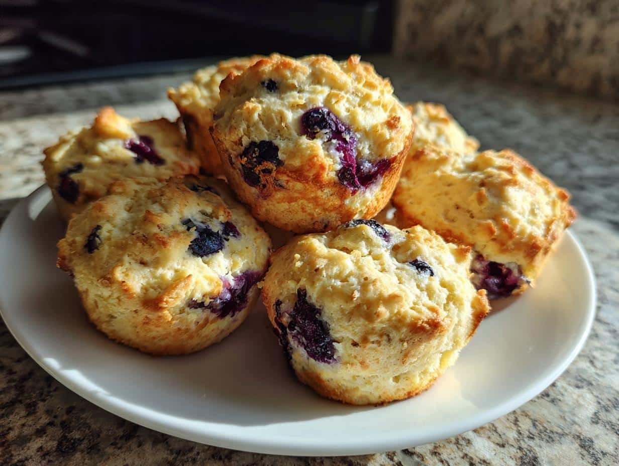 A plate of freshly baked Apple Blueberry Dog Bites. Golden brown, muffin-shaped treats with visible blueberries.