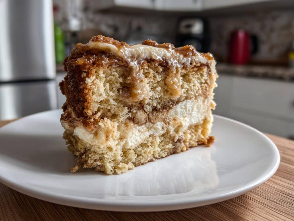 A slice of homemade Apple Cake for Dogs on a white plate, showing the cake's texture and layers.