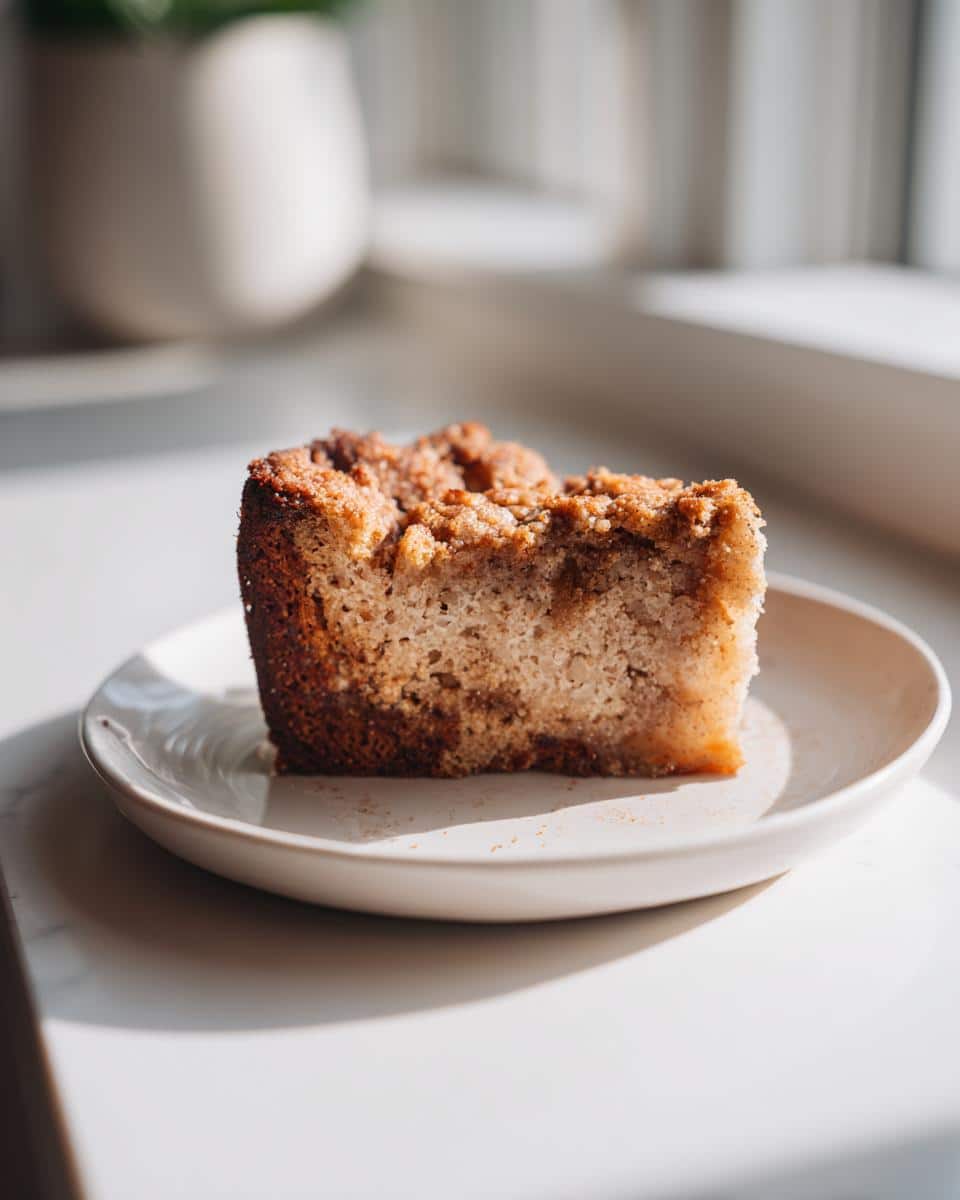 A single slice of homemade Apple Cake for Dogs on a white plate, bathed in natural sunlight.