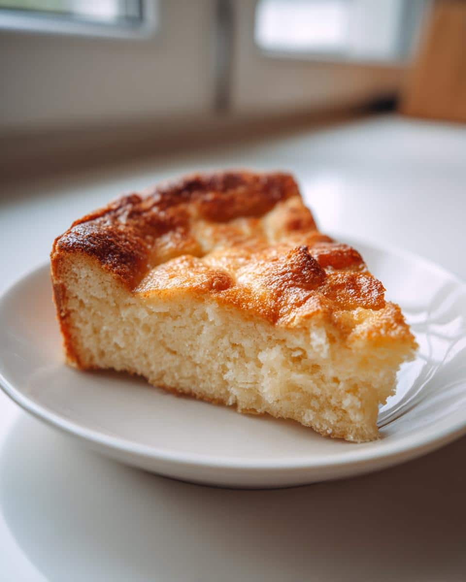 A slice of homemade Apple Cake for Dogs on a white plate, showing the cake's texture and golden crust.