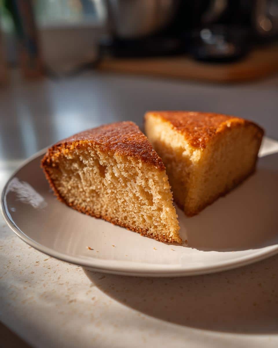Two slices of homemade Apple Cake for Dogs on a white plate, showcasing the cake's texture and golden crust.