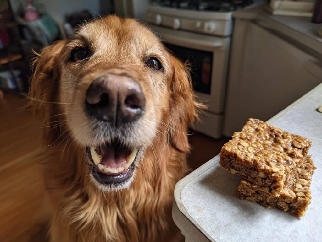 Golden Retriever looking eagerly at Apple Cinnamon Oat Bars – Recipe for Dogs.