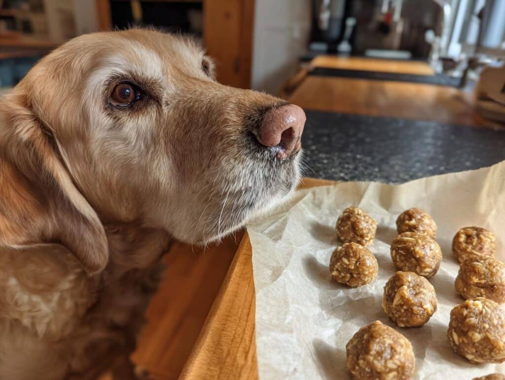 Golden retriever dog looking at a tray of Apple Oatmeal Energy Balls – Recipe for Dogs.