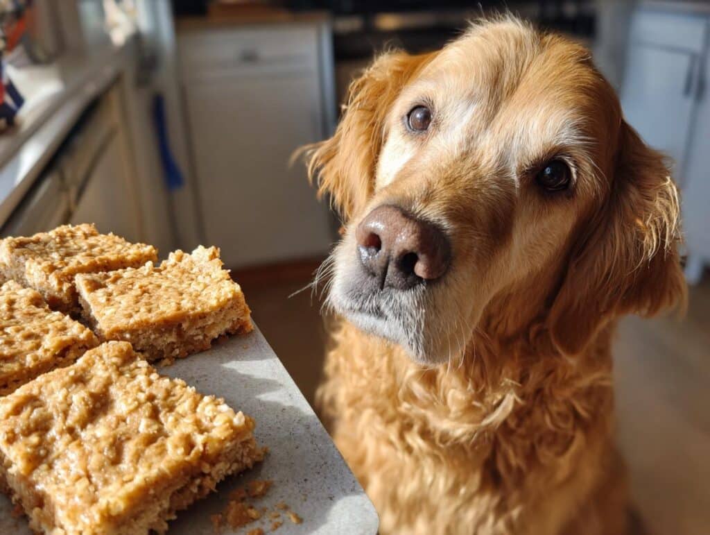 Golden Retriever dog looking longingly at Apple Peanut Butter Bars. Recipe for Dogs.