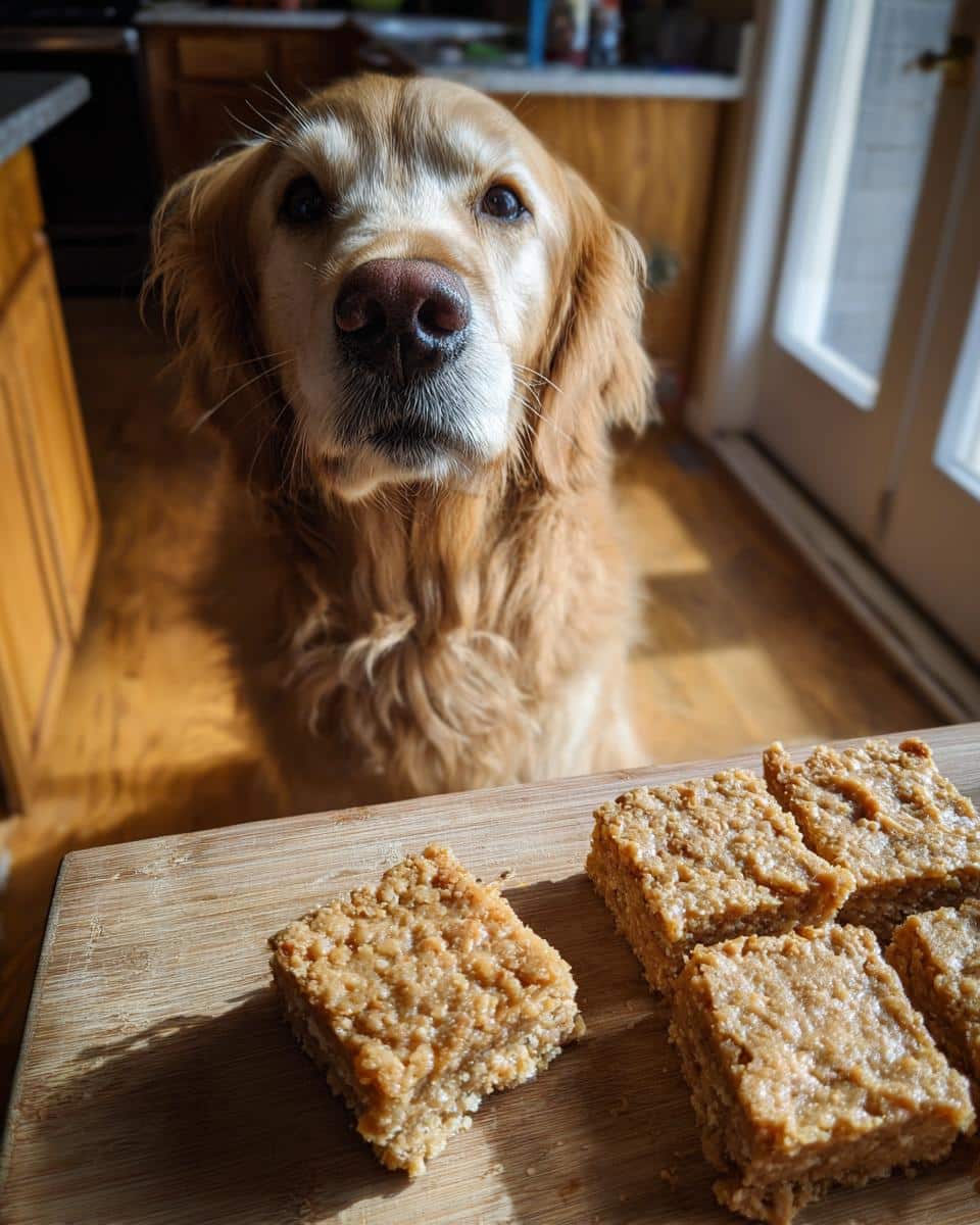 Golden Retriever dog looking at Apple Peanut Butter Bars. Recipe for Dogs. 
