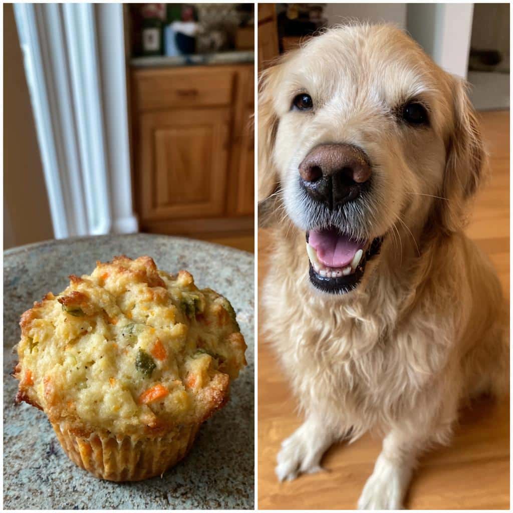 A happy golden retriever looks at the camera next to an Apple Peanut Butter Bar for dogs.