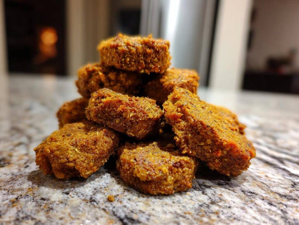 A stack of homemade Applesauce Oat Dog Treats on a marble countertop, ready to be enjoyed by your furry friend.