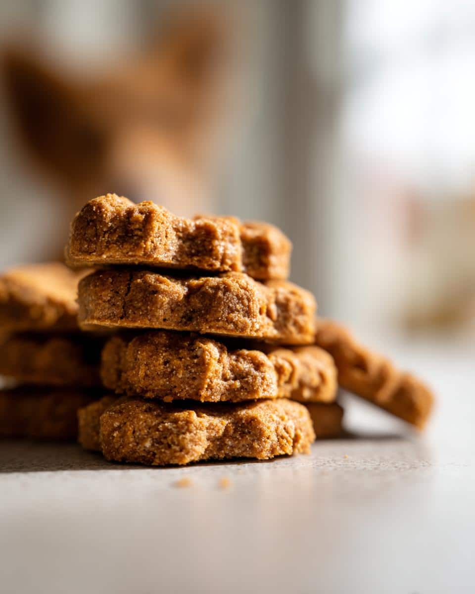 A stack of homemade Applesauce Oat Dog Treats, baked to a golden brown, ready for your furry friend.