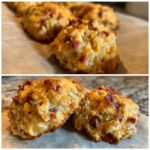 Close-up of homemade Bacon Cheese Dog Cookies, showing bacon bits and melted cheese.