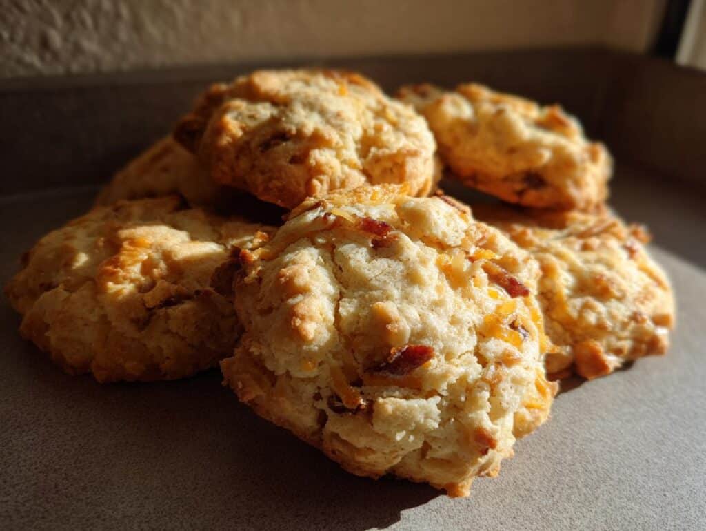 Pile of freshly baked Bacon Cheese Dog Cookies. Golden brown cookies with visible bacon and cheese pieces.