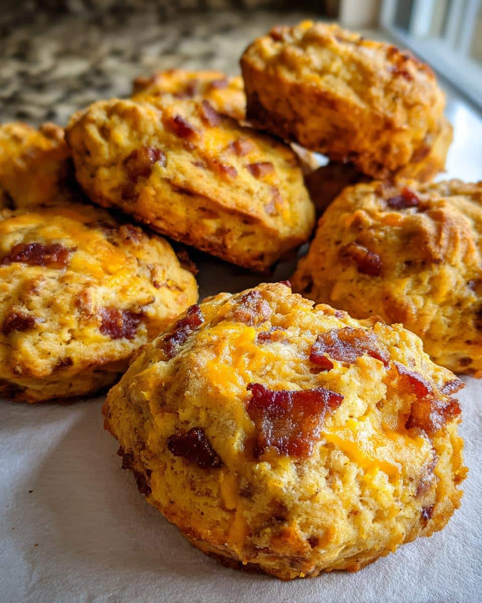 Pile of freshly baked Bacon Cheese Dog Cookies, golden brown with visible bacon and cheese.