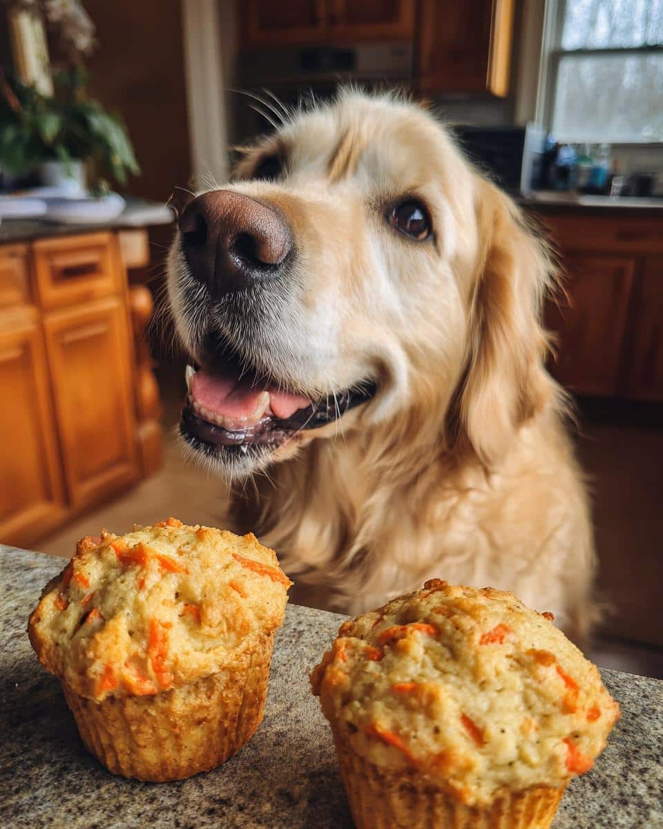 Golden retriever looking at two Banana Carrot Muffins. Recipe for Dogs.