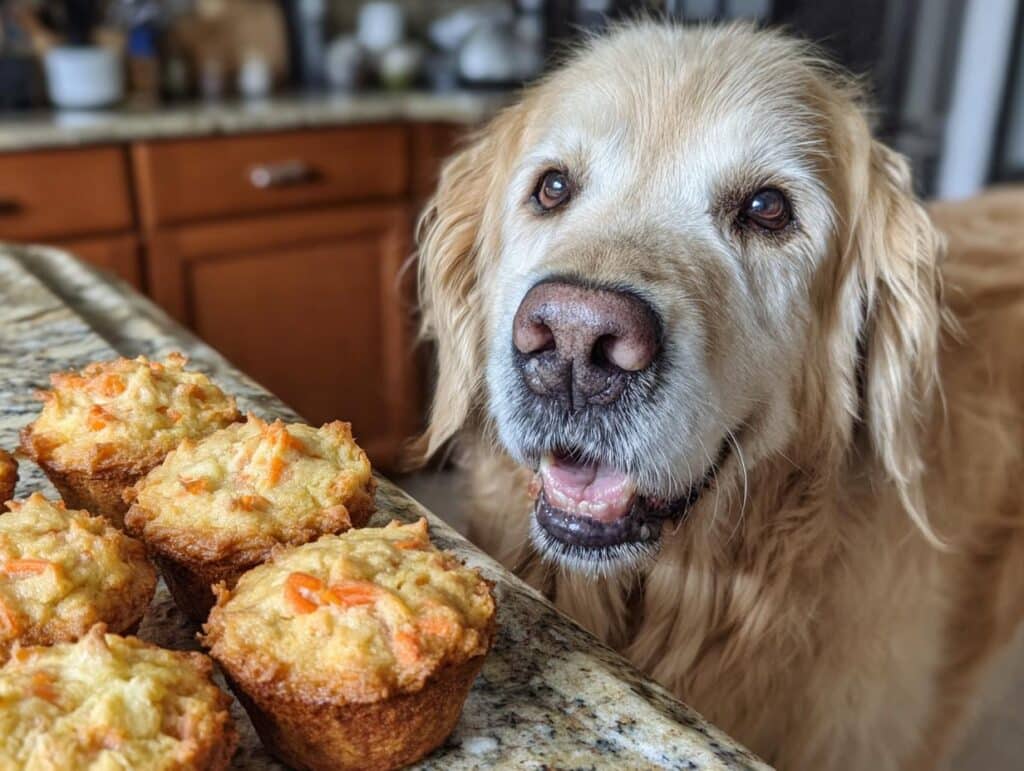Golden retriever looking at a batch of freshly baked Banana Carrot Muffins for dogs.