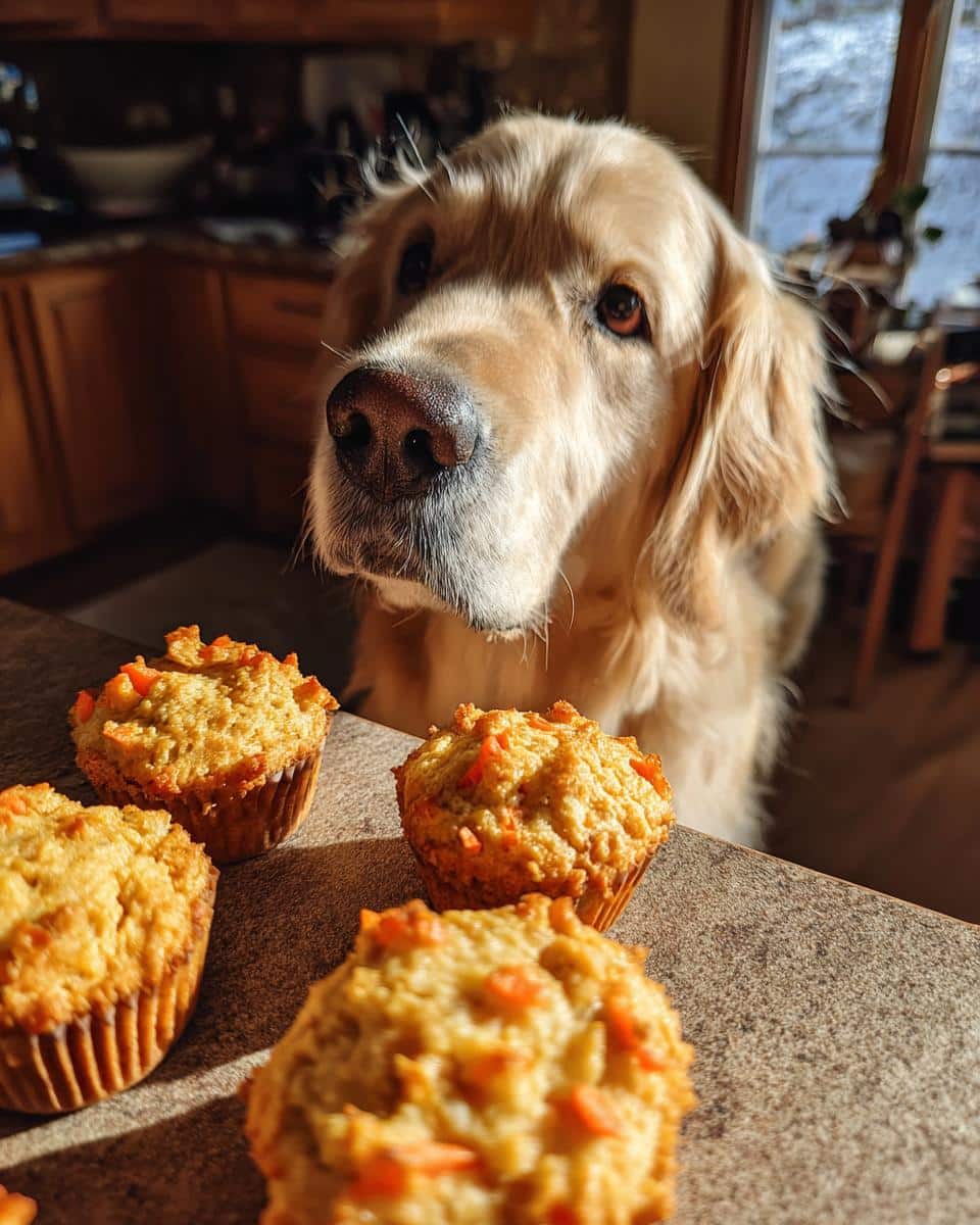 Golden retriever dog looking at Banana Carrot Muffins. Homemade dog treats on a kitchen counter.