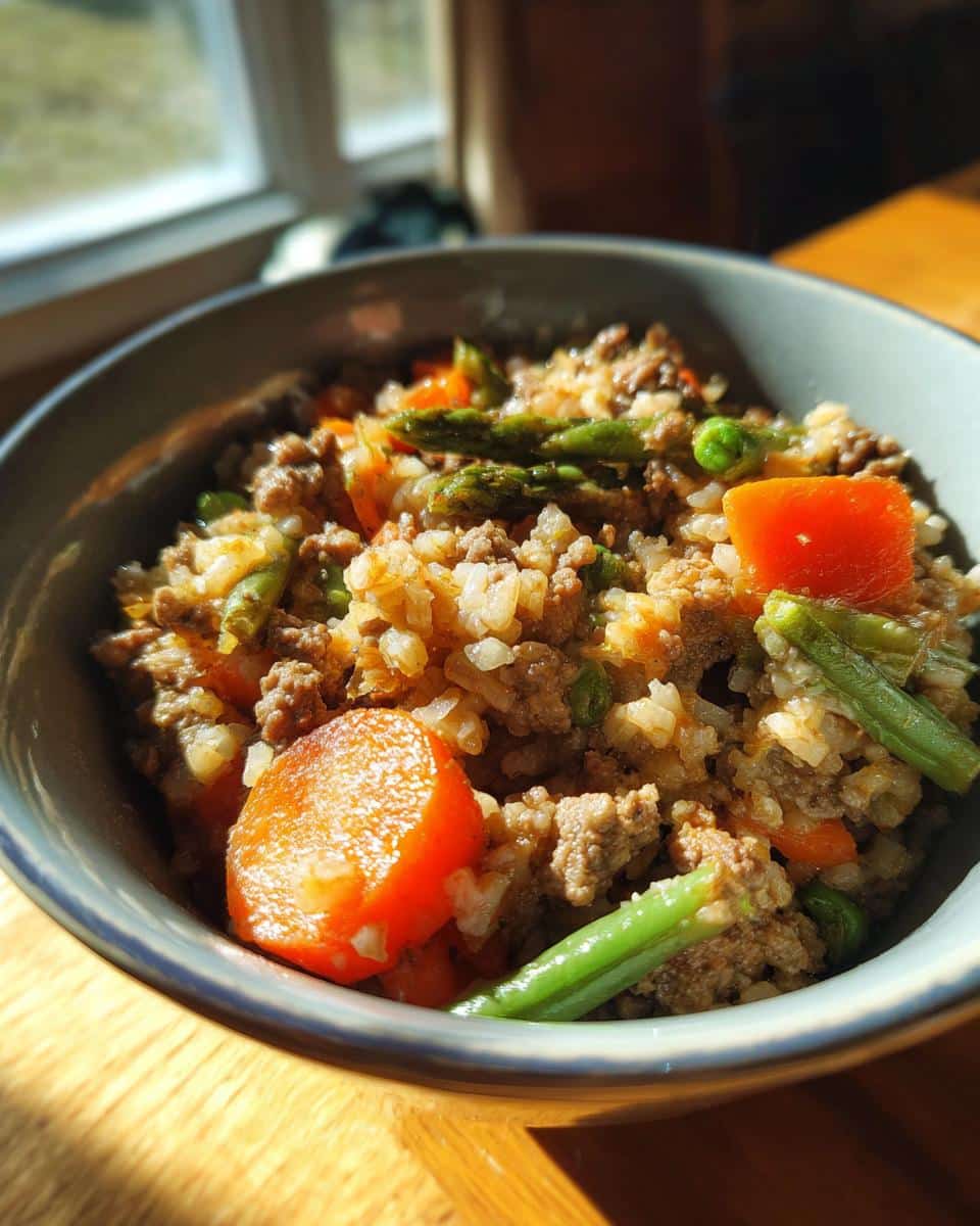 A bowl of homemade Beef and Rice Dog Food Recipe with ground beef, rice, carrots, peas, and green beans.