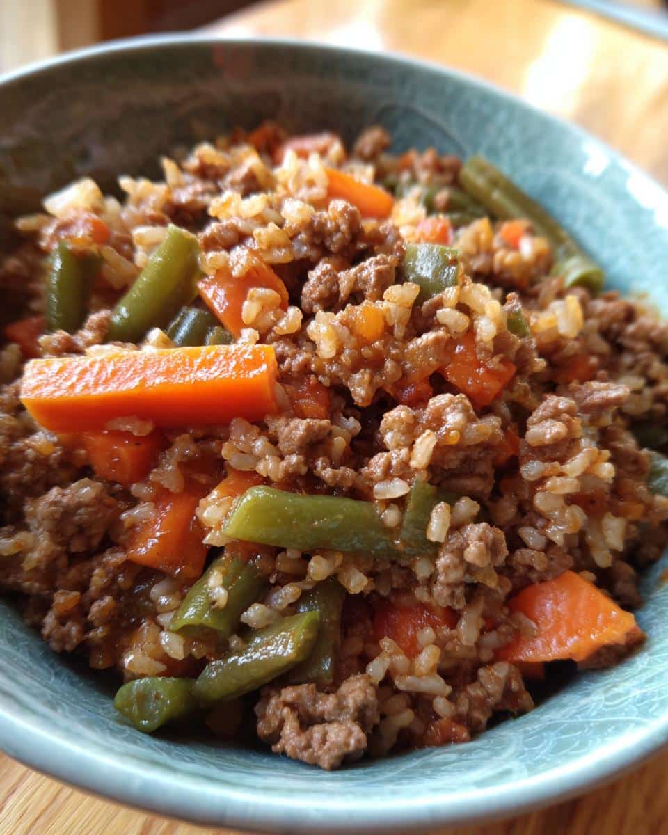 Close-up of a bowl of Beef and Rice Dog Food Recipe with green beans and carrots.