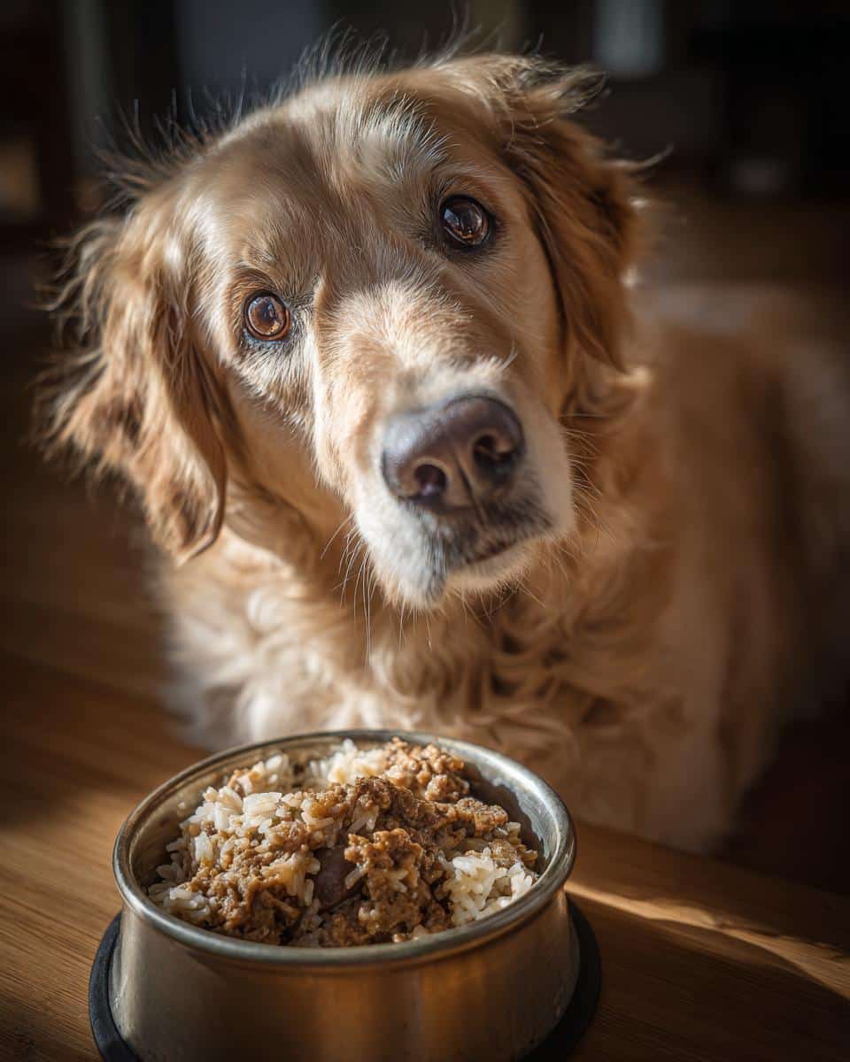 Golden Retriever dog looking at a bowl of Beef & Barley Large Dog Meal. Nutritious and delicious!