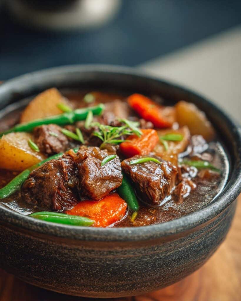 Close-up of a bowl of Beef & Barley Stew for Dogs, featuring beef chunks, carrots, potatoes, and green beans.