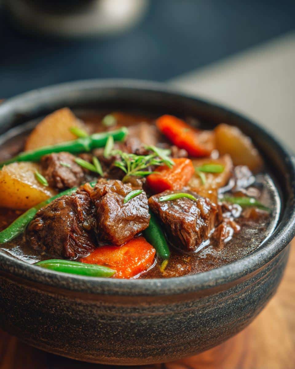 Close-up of a bowl of Beef & Barley Stew for Dogs, featuring beef chunks, carrots, potatoes, and green beans.