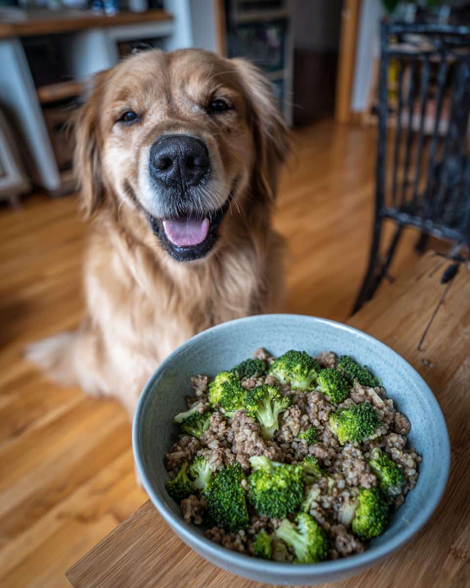 Golden Retriever dog smiling next to a bowl of Beef & Broccoli Dog Food.