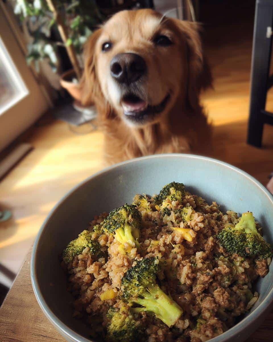 Happy Golden Retriever looking at a bowl of Beef & Broccoli Dog Food Recipe.