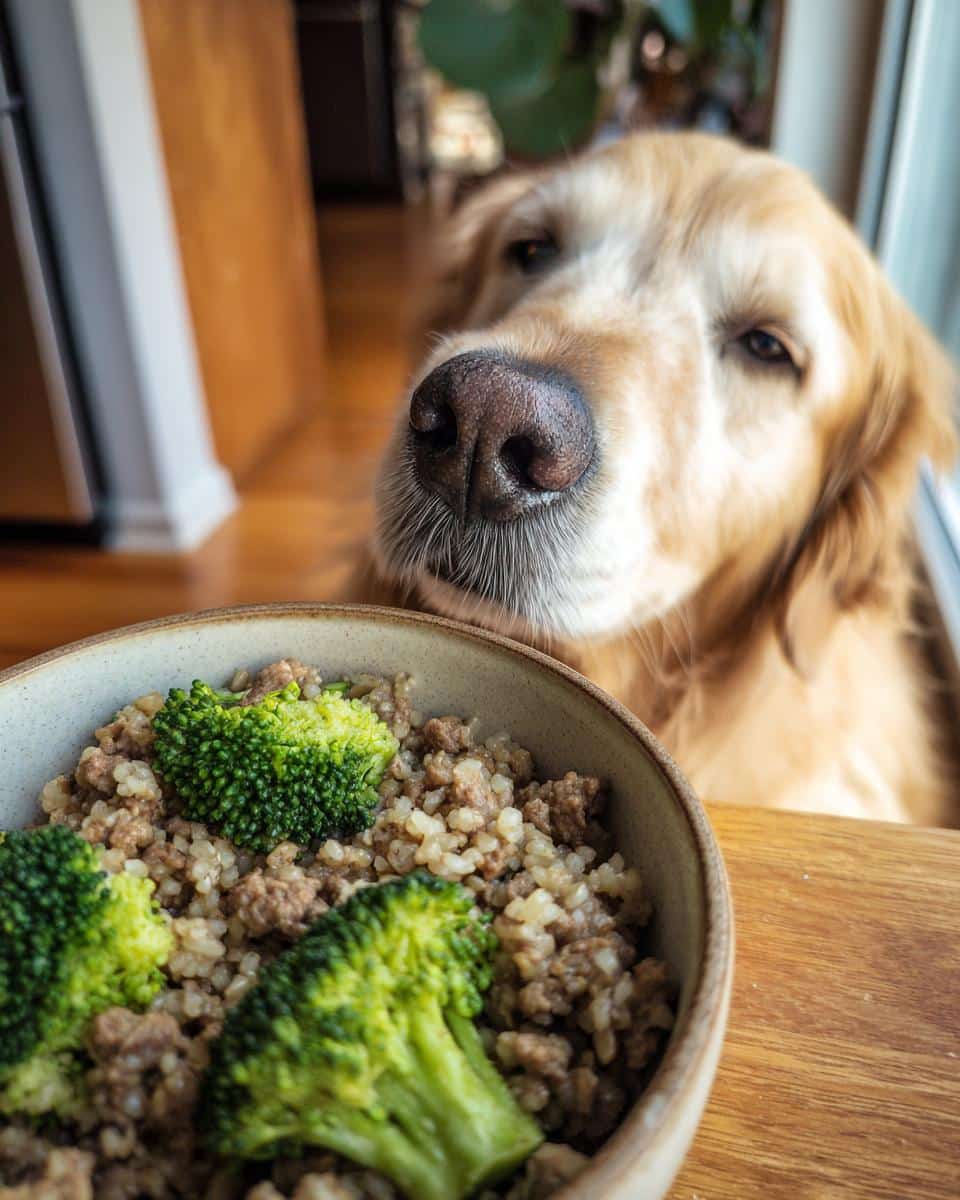 Golden retriever looking longingly at a bowl of Beef & Broccoli Dog Food Recipe.