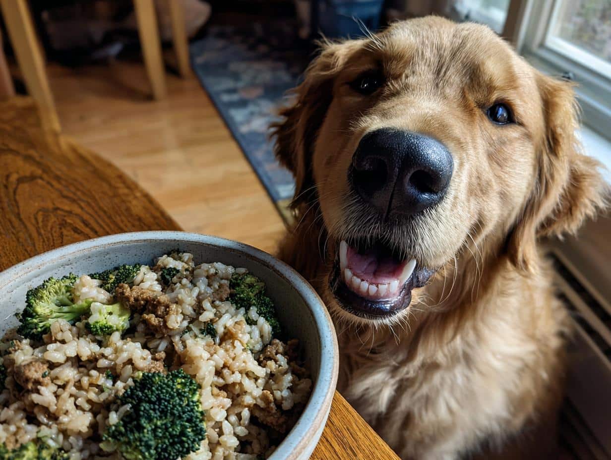 Golden Retriever dog excited for a bowl of Beef & Broccoli Dog Food. Healthy homemade recipe.
