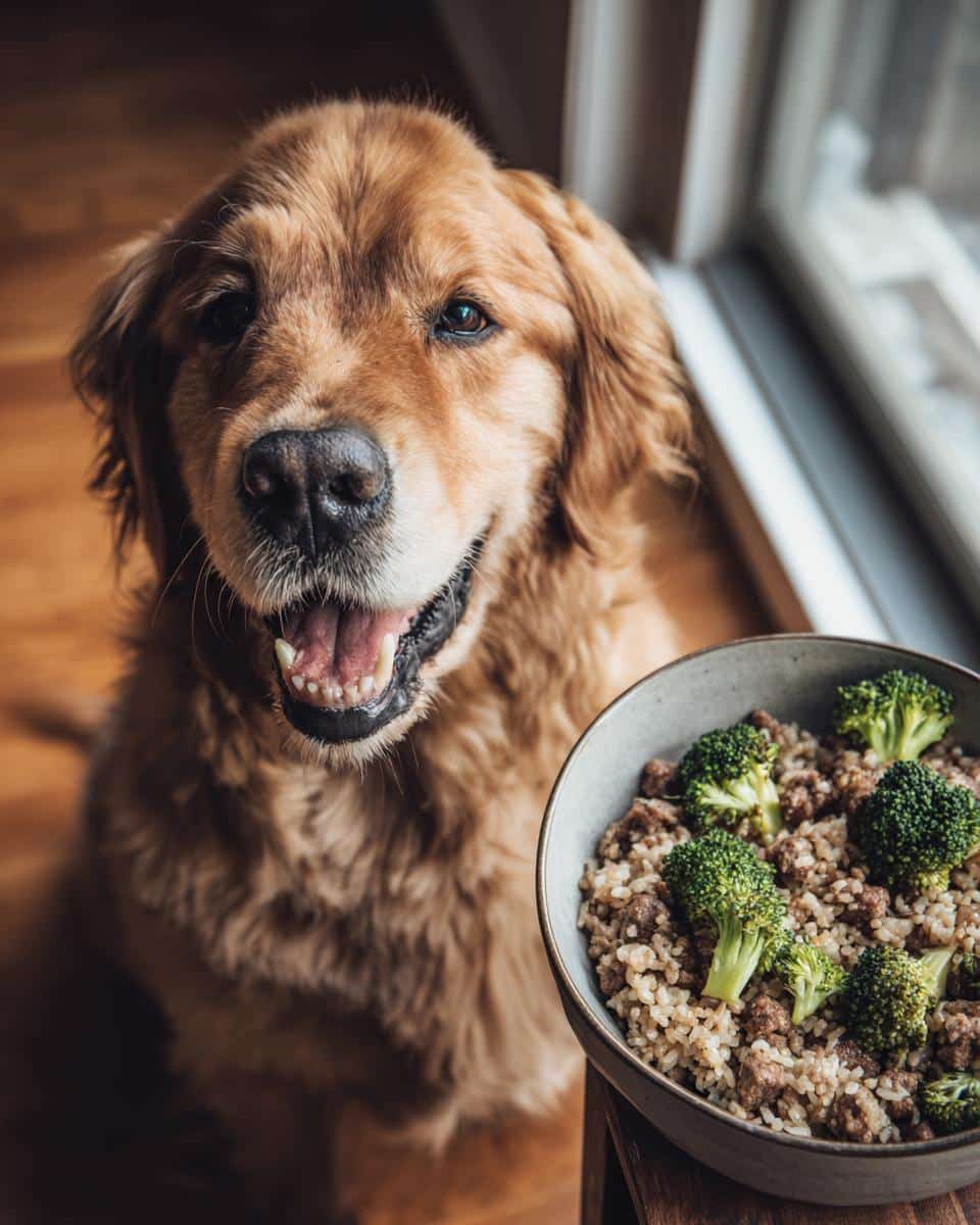 Golden Retriever dog smiling next to a bowl of Beef & Broccoli Dog Food. Recipe image.