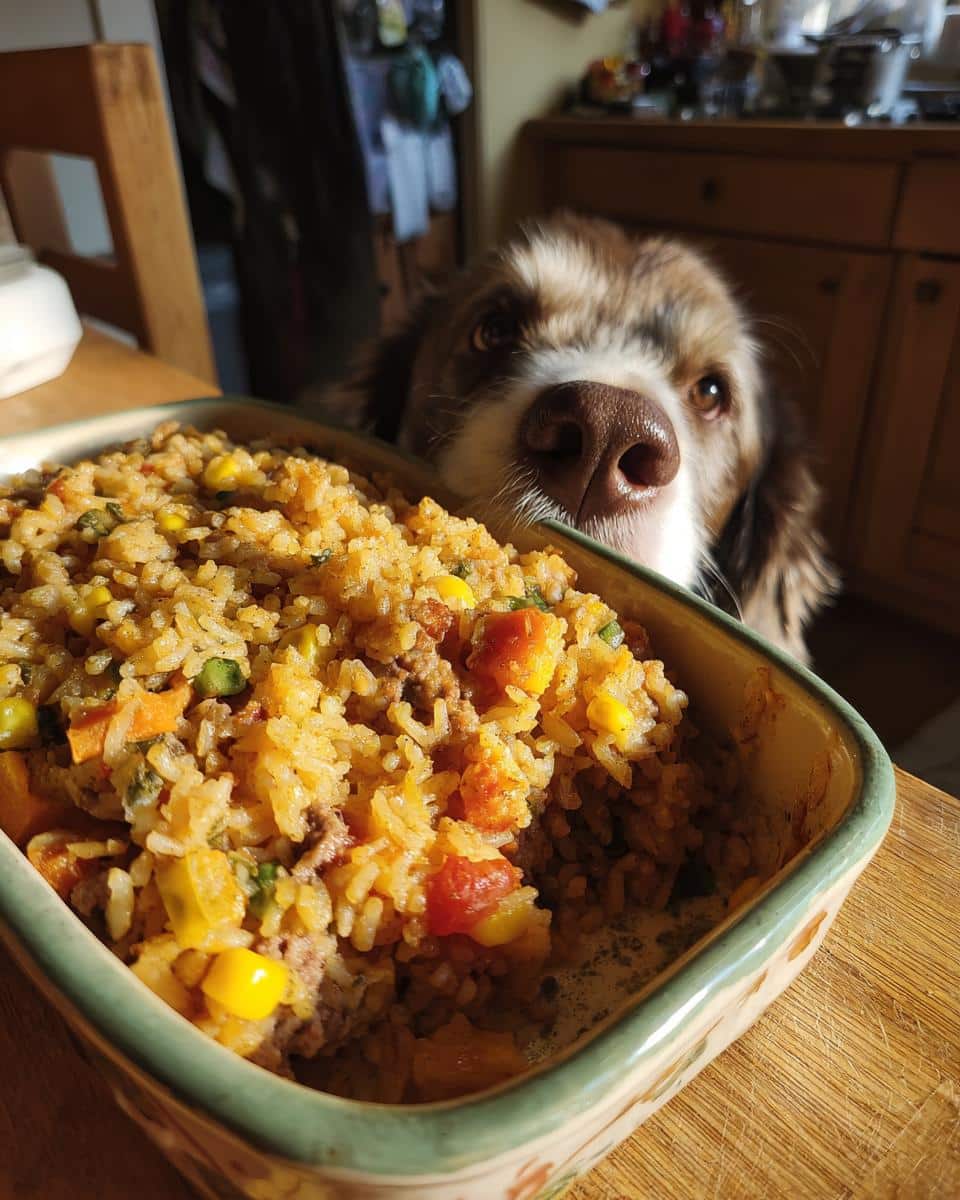 A dog longingly looks at a dish of Beef & Brown Rice Casserole. Recipe for Dogs.