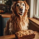 Golden Retriever dog looking at a freshly baked Beef & Brown Rice Loaf – Recipe for Dogs on a wooden counter.
