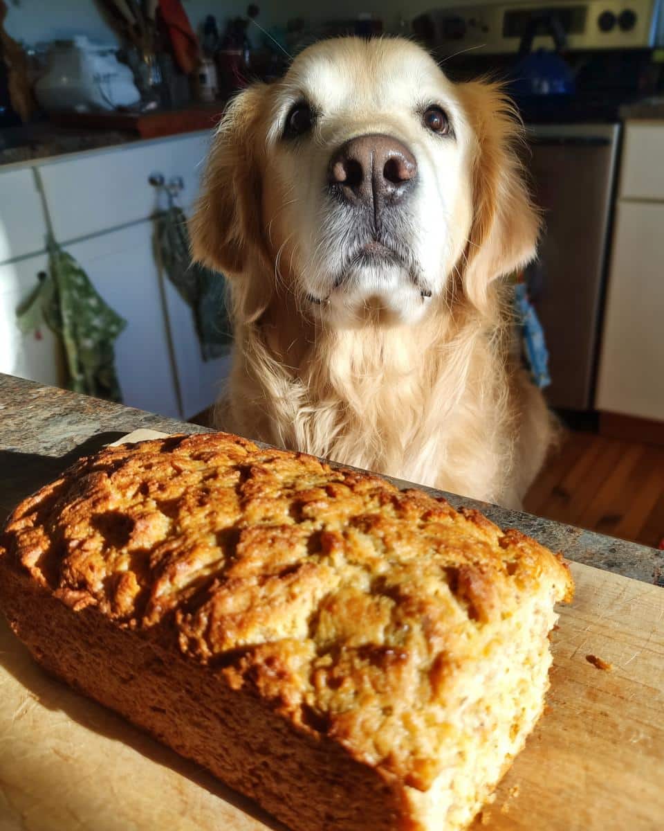 Golden Retriever looking at Beef & Brown Rice Loaf. Dog food recipe.