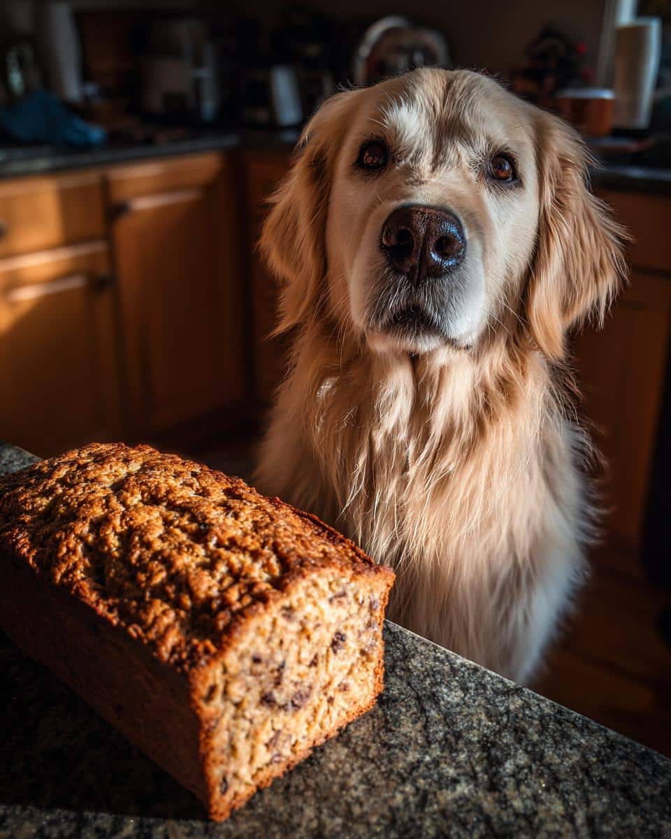 Golden Retriever dog looking at a loaf of Beef & Brown Rice Loaf – Recipe for Dogs on a kitchen counter.