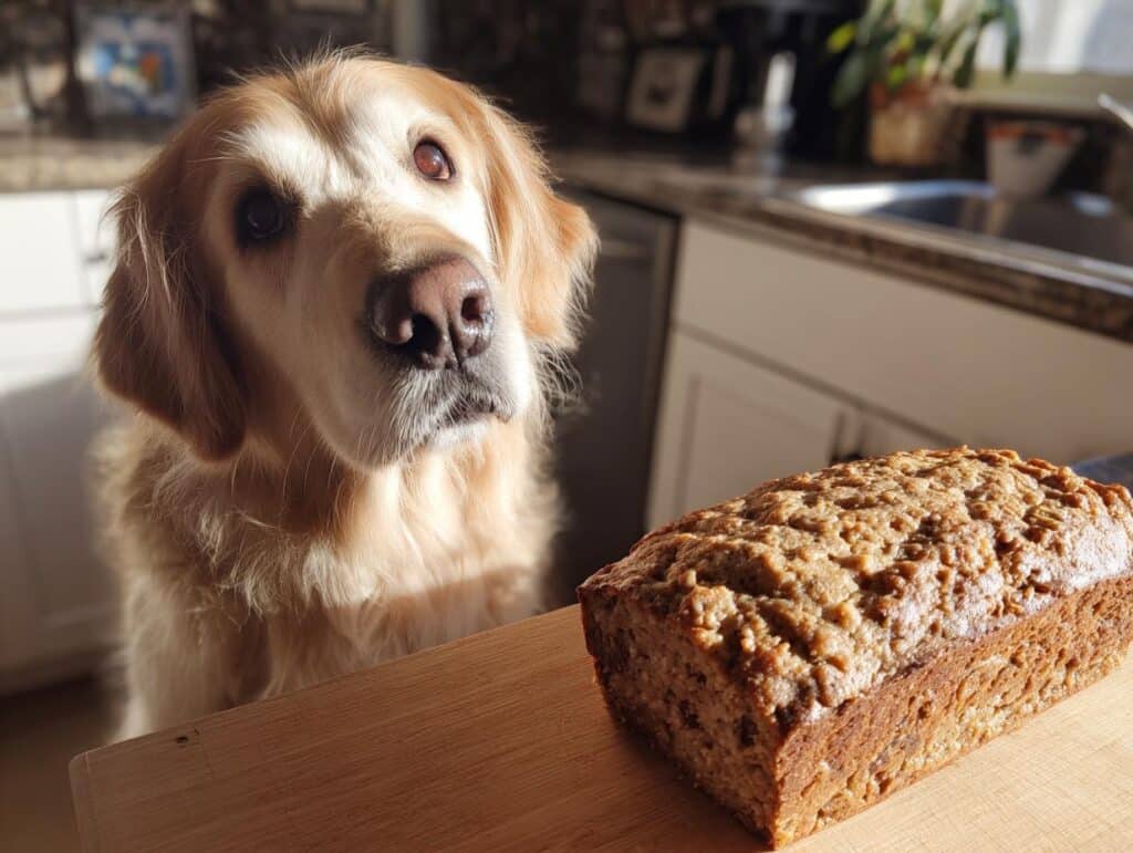 Golden Retriever looking longingly at a freshly baked Beef & Brown Rice Loaf – Recipe for Dogs.