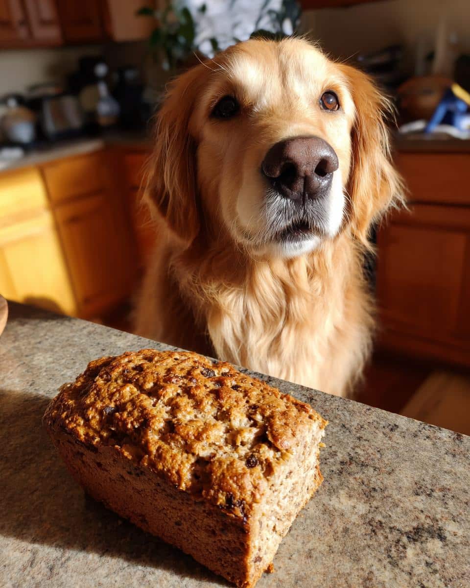 Golden Retriever dog looking at a freshly baked Beef & Brown Rice Loaf – Recipe for Dogs on a kitchen counter.