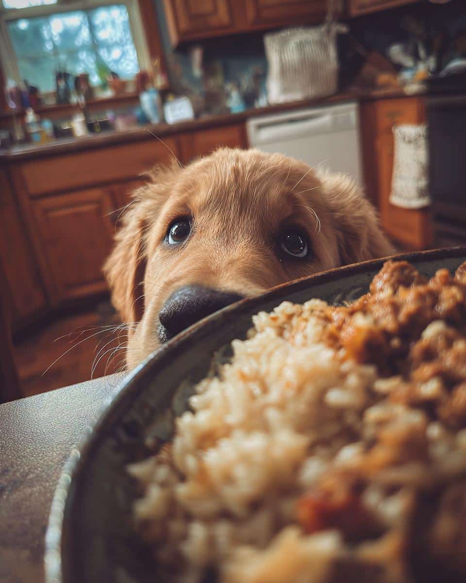 Golden retriever puppy longingly looks at a bowl of Beef & Brown Rice Puppy Dog Meal.