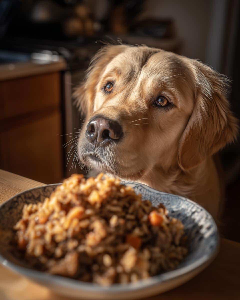 Golden Retriever looking longingly at a bowl of Beef & Brown Rice Puppy Dog Meal.