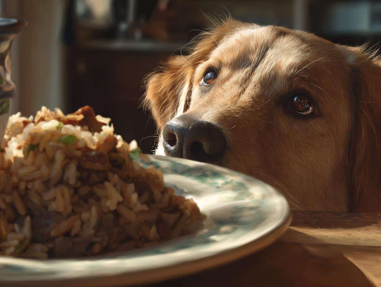 Golden retriever puppy longingly gazes at a plate of Beef & Brown Rice Puppy Dog Meal.