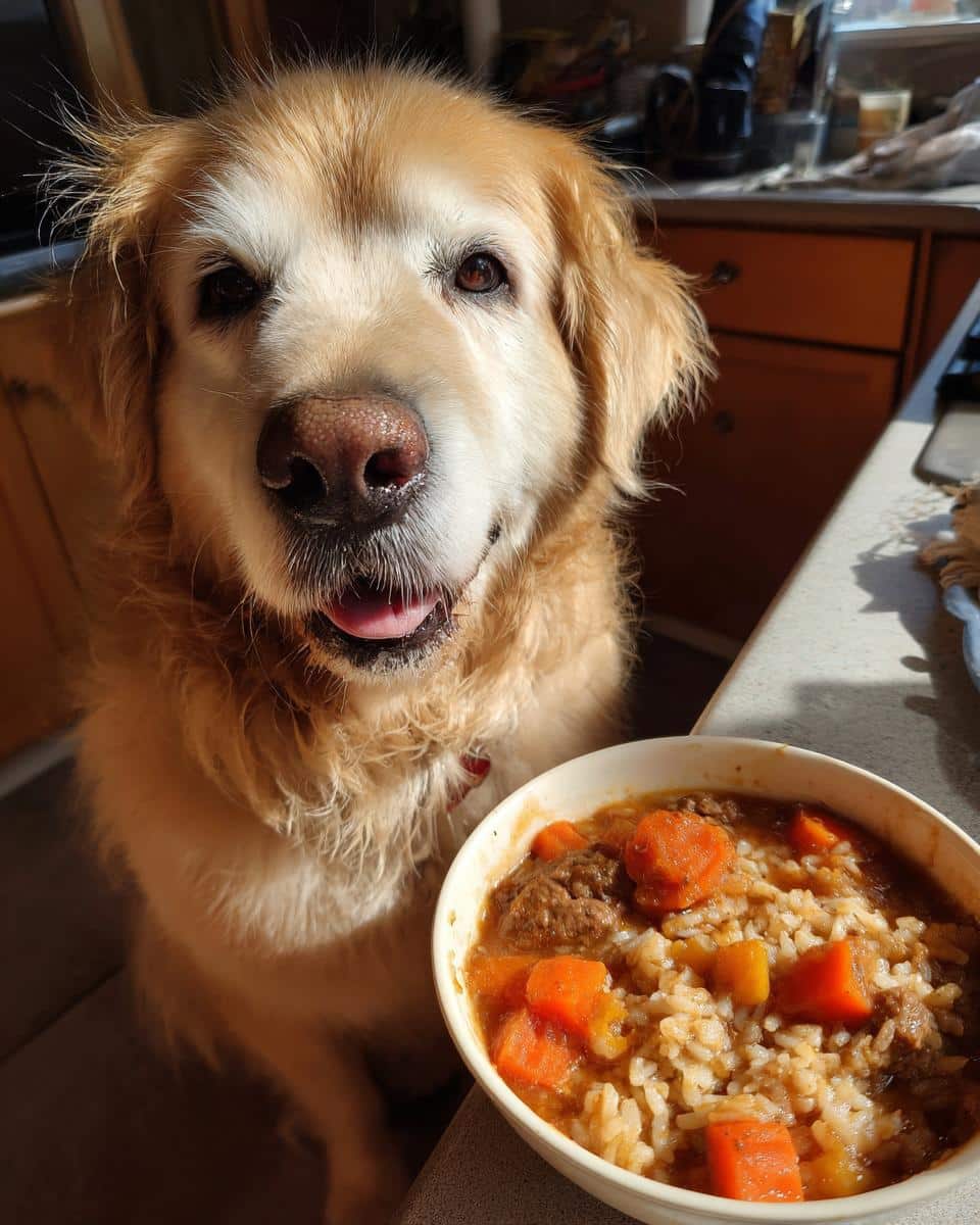 Golden Retriever dog looking at a bowl of Ultimate Beef & Carrot Dog Food with rice and vegetables.