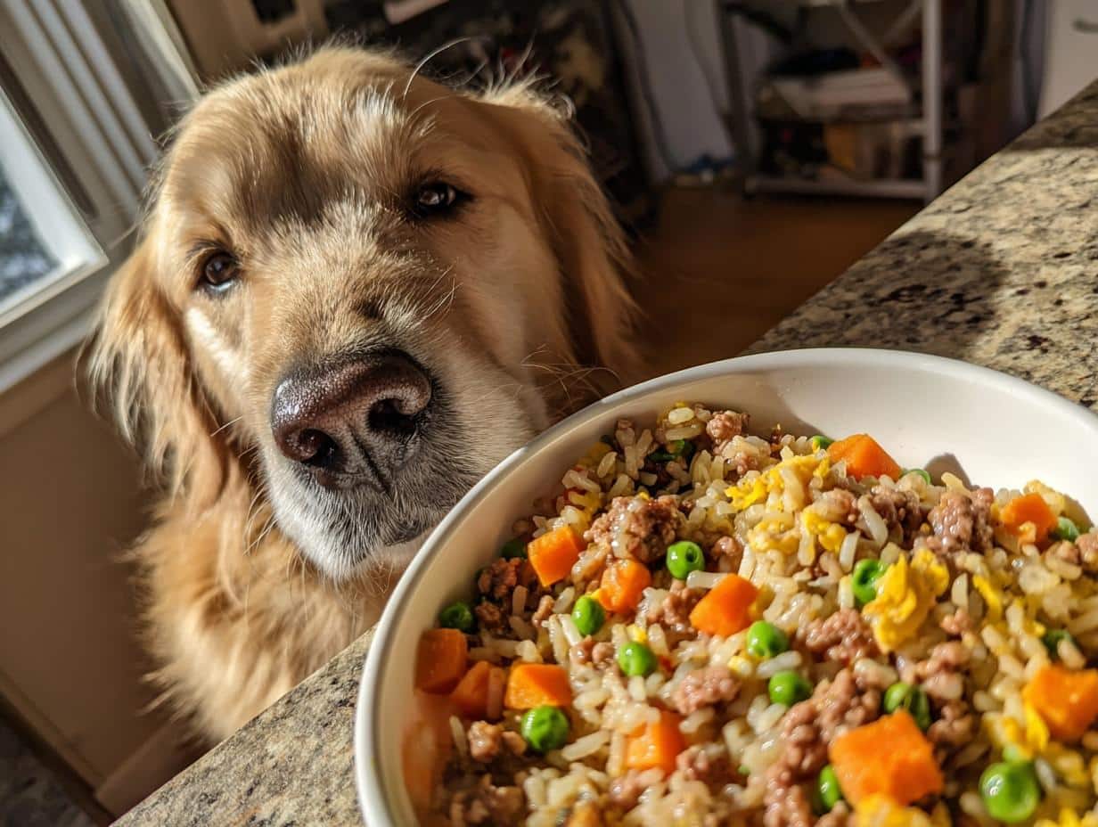 Golden Retriever dog looking longingly at a bowl of homemade Beef & Carrot Dog Food.
