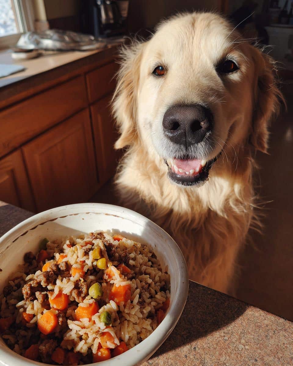 Golden Retriever dog looking at a bowl of Ultimate Beef & Carrot Dog Food, ready to eat.