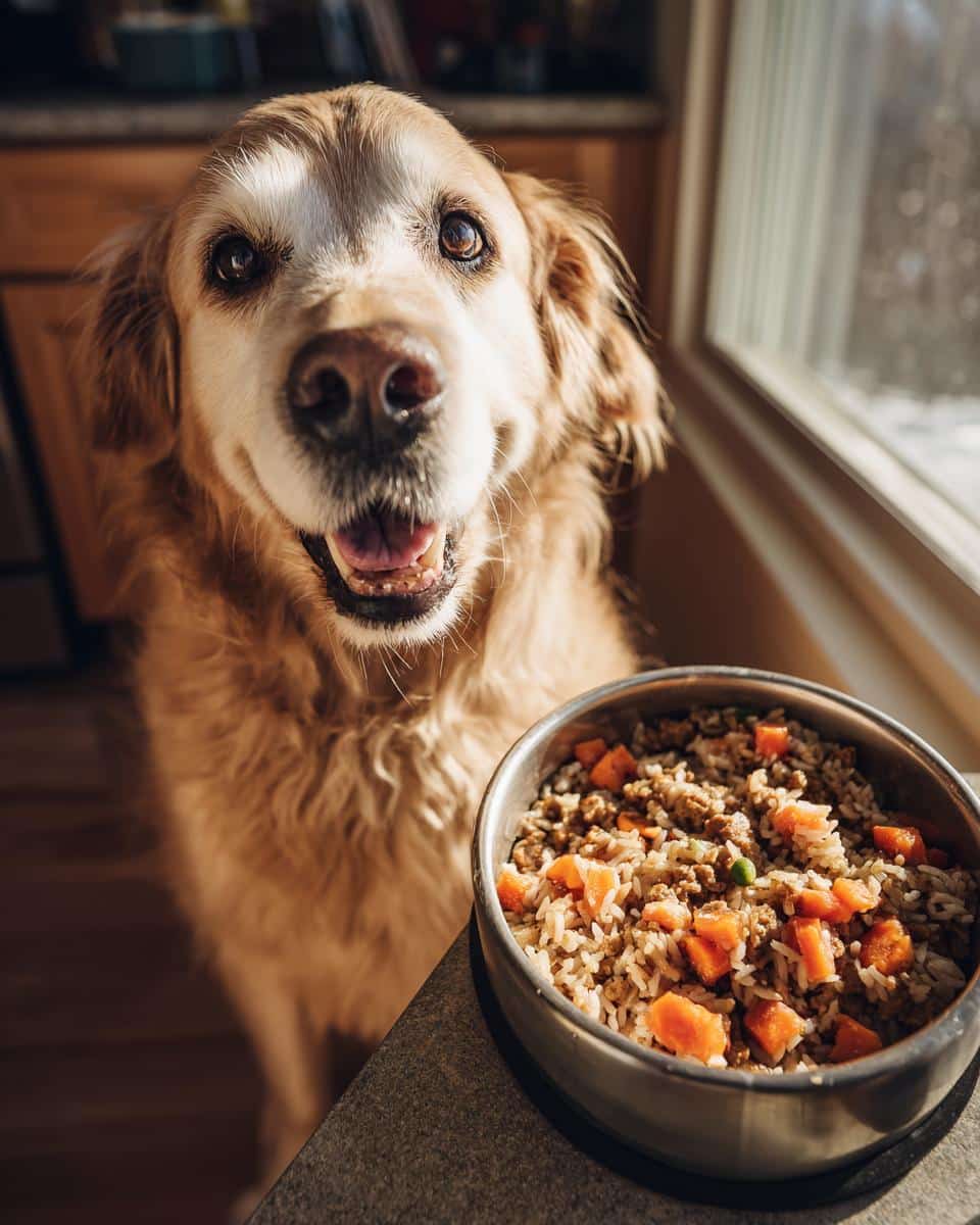 Golden Retriever dog eagerly awaits a bowl of Ultimate Beef & Carrot Dog Food next to a window.