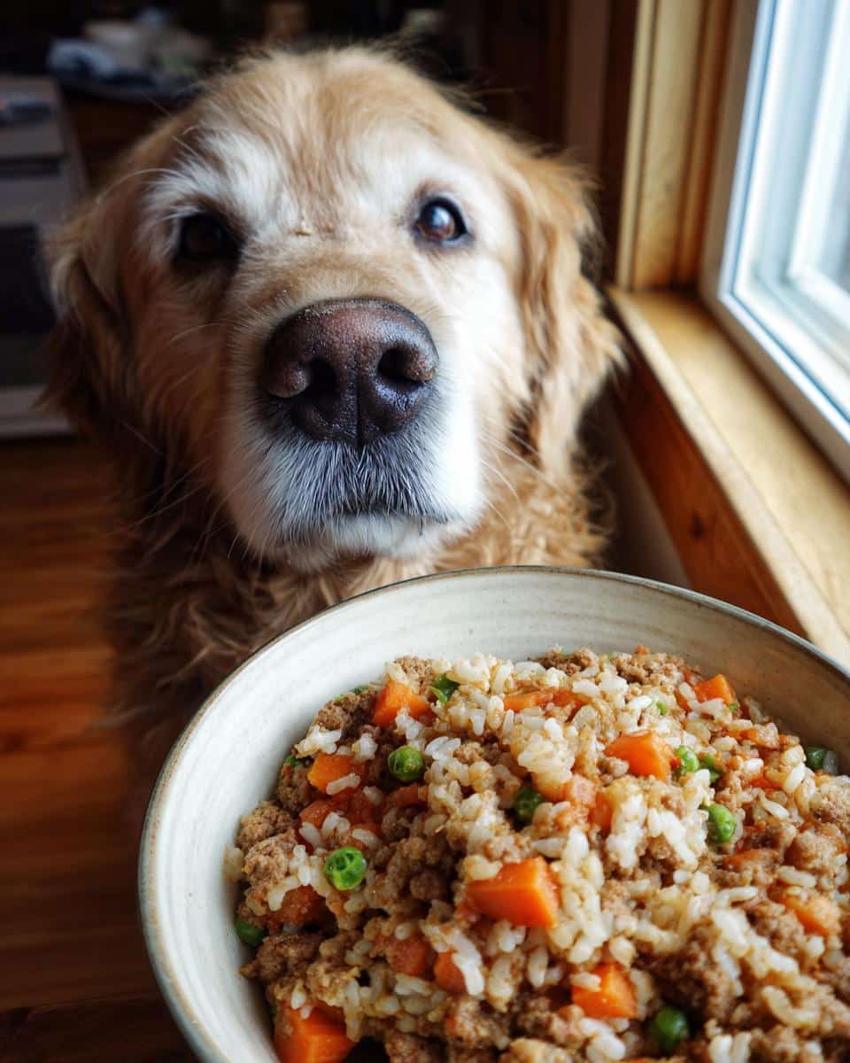 Golden Retriever dog looking at a bowl of Beef & Carrot Healthy Dog Food. Rice, peas, and carrots visible.