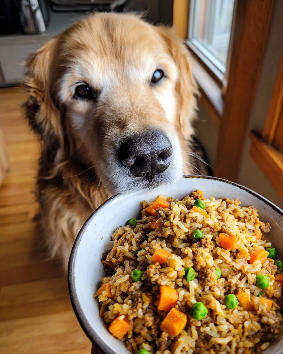 Golden retriever looking at a bowl of Beef & Carrot Healthy Dog Food. Homemade dog food recipe.