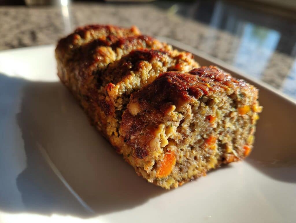 Sliced Beef Dog Food Roll Recipe with Carrots and Oats on a white plate, ready to serve.