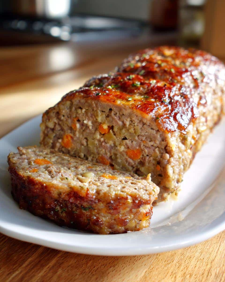 A freshly baked Beef Dog Food Roll Recipe with Carrots & Oats, sliced on a white plate.